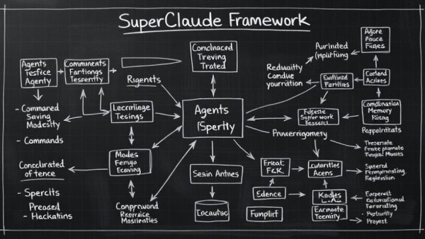 SuperClaude Framework Workflow schematic on textured background.