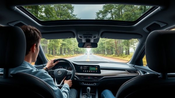 Driver assist AI on a budget, modern car interior with display, forest road visible.