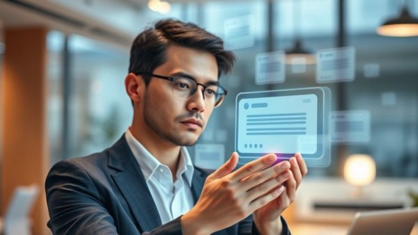 AI-enhanced customer feedback interface interaction in modern office.