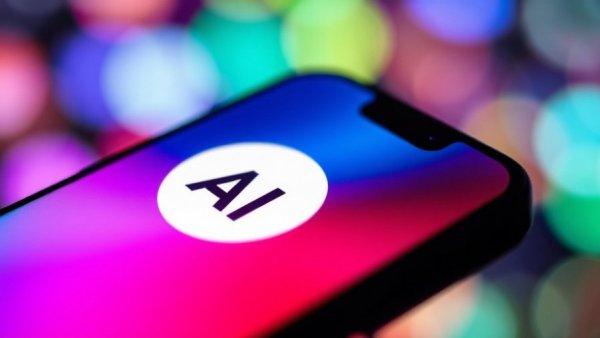 AI governance concept with smartphone logo and vibrant abstract background.
