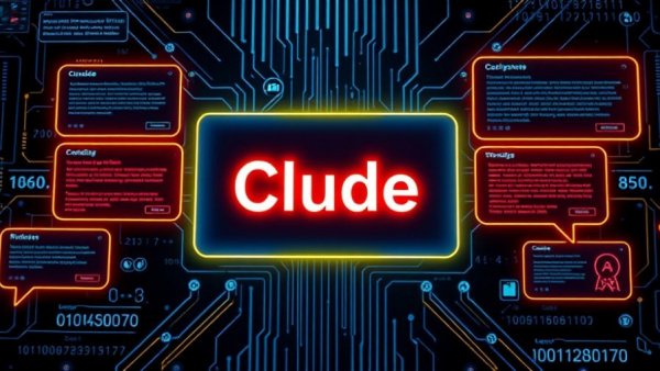 Anthropic AI digital interface with glowing Claude text and dialog boxes.