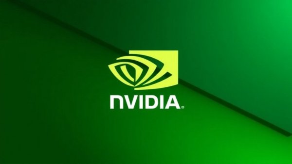 Nvidia logo on green background with geometric design.