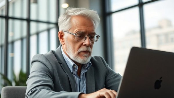 Distinguished man using laptop in bright office, agentic ai concept.