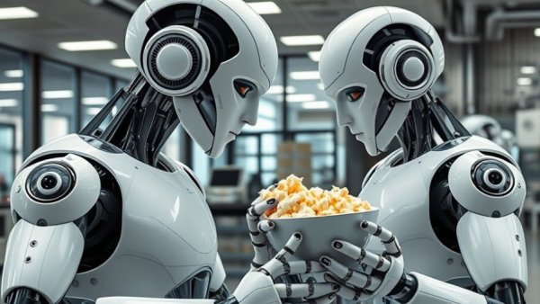 Sophisticated robot pouring popcorn in high-tech lab, highlighting CEO AI Confidence Gap.