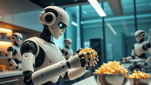 AI robots in kitchen exploring technology gap concept.
