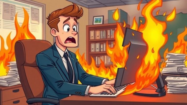 AI coding agents cartoon: surprised man with melting computer in flames.