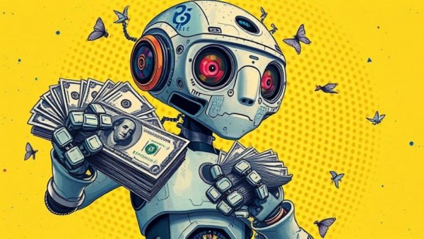 Surreal AI figure with cash in vibrant collage, symbolic and detailed.
