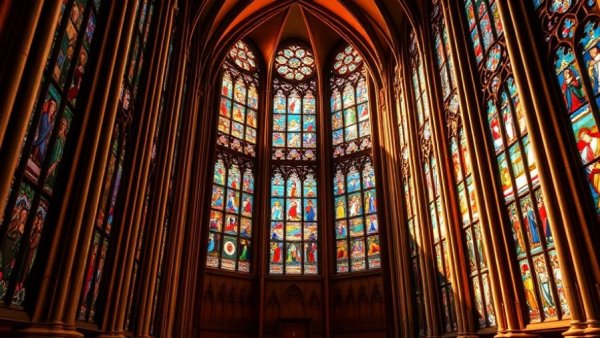 Stained glass windows casting colorful light patterns in a cathedral interior.