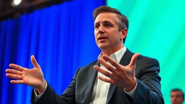 Speaker gesturing on stage with digital screen backdrop, discussing Claude AI.