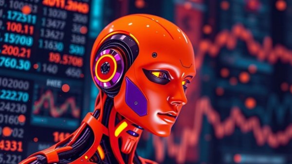 Futuristic humanoid robot with digital currency symbols, AI-powered trading app theme.