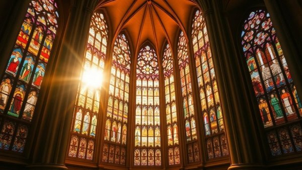 Vibrant stained glass windows in a cathedral interior, claude ai.