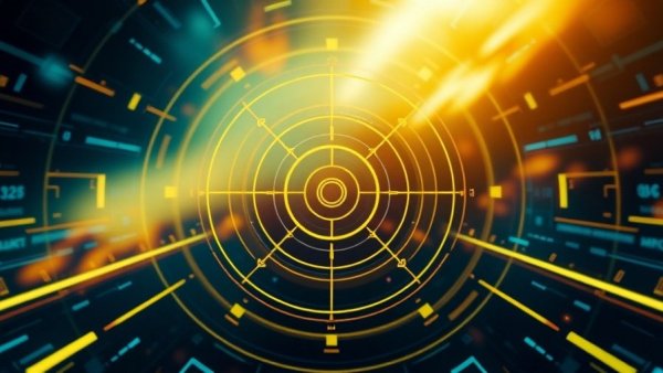 Stylized radar icon in a digital abstract background.