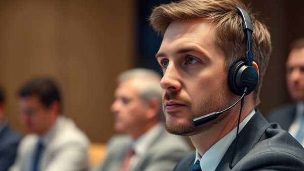Focused man with headset at formal conference on AI ethics.