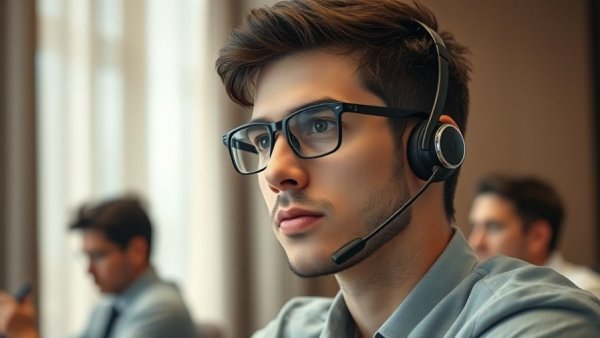 Young man with glasses and headset at an anthropic-themed conference.