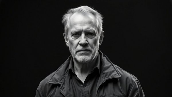 AI layoffs, older man in leather jacket, futuristic dark background.