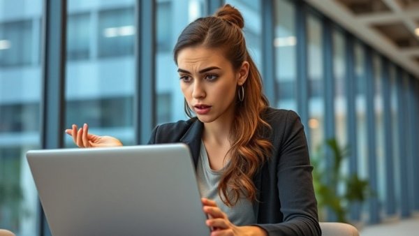 Focused woman puzzled over laptop in modern office, agentic AI concept.