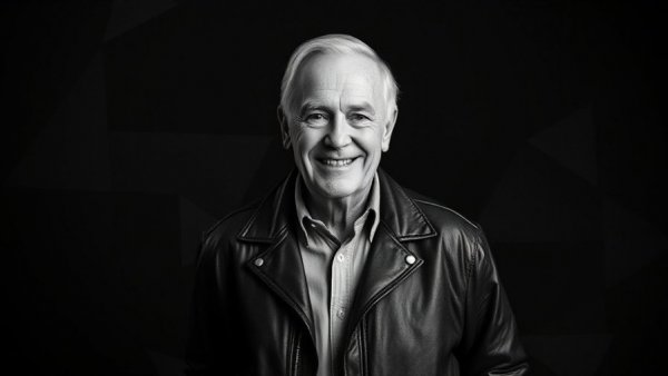 Elderly man in leather jacket with abstract background, AI layoff excuses theme.