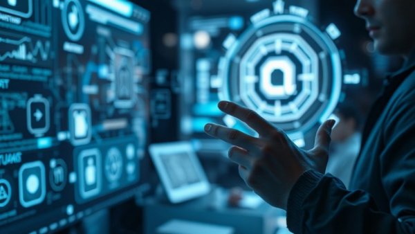 Futuristic agentic AI in tech workspace with holographic interface.