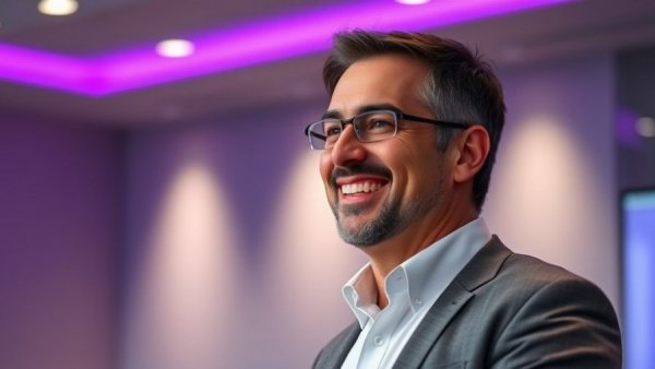 AI news: Confident speaker presenting at tech conference.