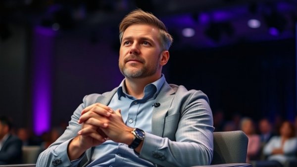 AI in the news: confident male at conference with purple background.