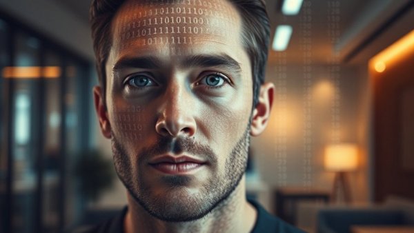 Digital representation of facial recognition in AI context.