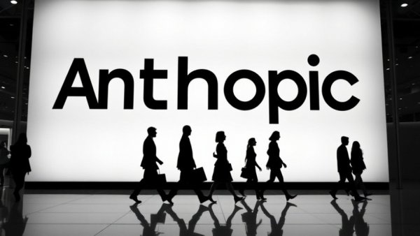 Silhouetted figures walking past Anthropic AI logo in a modern display.