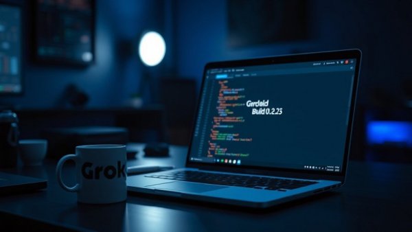 Grok Build 0.2.3 coding interface on laptop in a dim tech workspace.