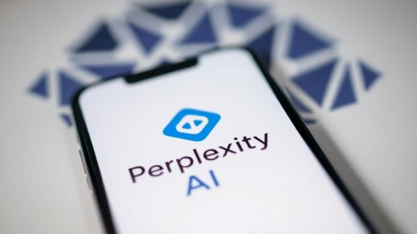 Close-up of Perplexity AI logo on smartphone screen with geometric design.