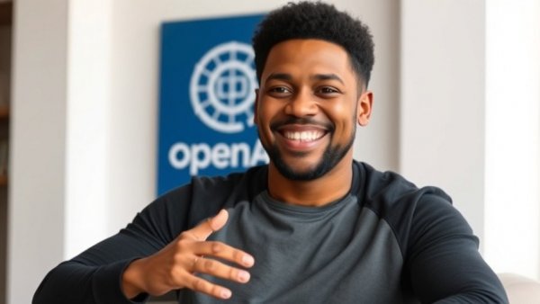 Man smiling in front of OpenAI logo for AI job predictions.