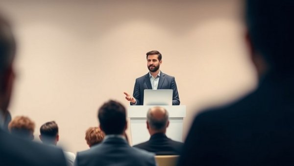 Confident male speaker presenting Claude AI at a podium