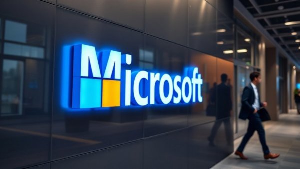 Microsoft logo on modern wall with blurred figure; company environment.
