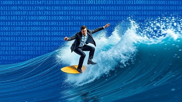 Agentic AI concept: businessman surfing on digital binary wave