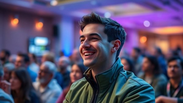 Confident young man at tech event, AI agents for trading discussion