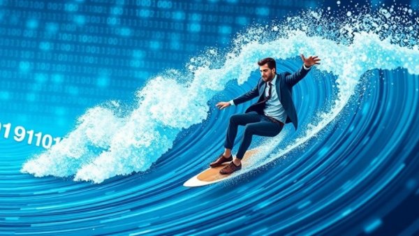 Businessman surfing binary code wave, highlighting foundational security for advanced AI.