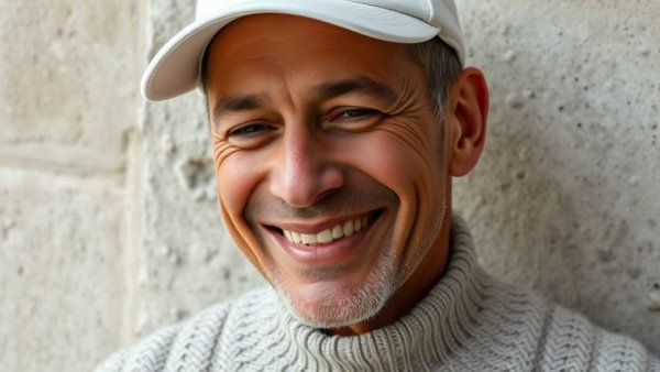 Middle-aged man in cap smiling against concrete wall, AI in the news.