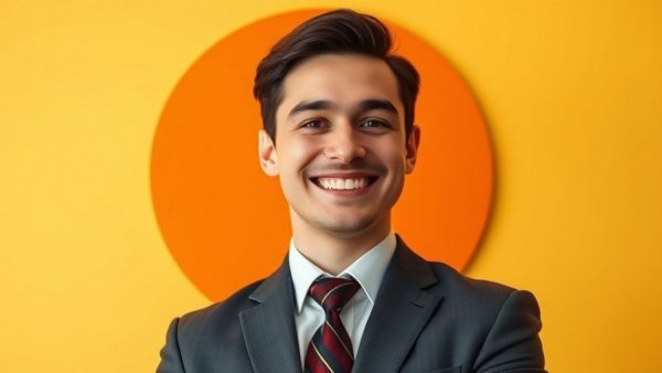 Confident businessman in formal attire with colorful background.