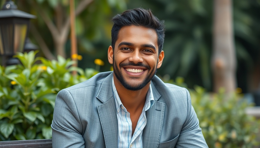 Man sitting outdoors in greenery, smiling, related to AI agents.