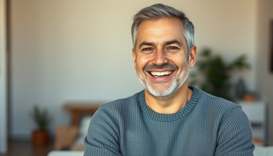 Smiling middle-aged man in grey sweater against neutral background