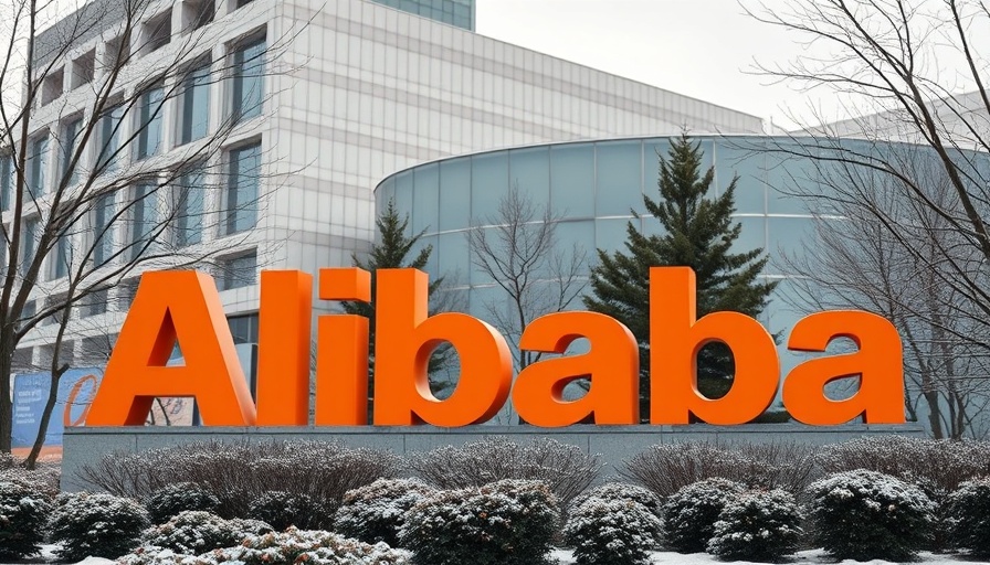 Alibaba sign in front of company building with winter trees.