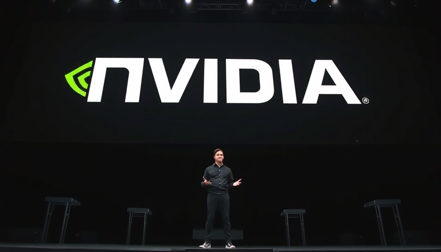 Nvidia figure gestures under logo in dark auditorium with sleek setup.