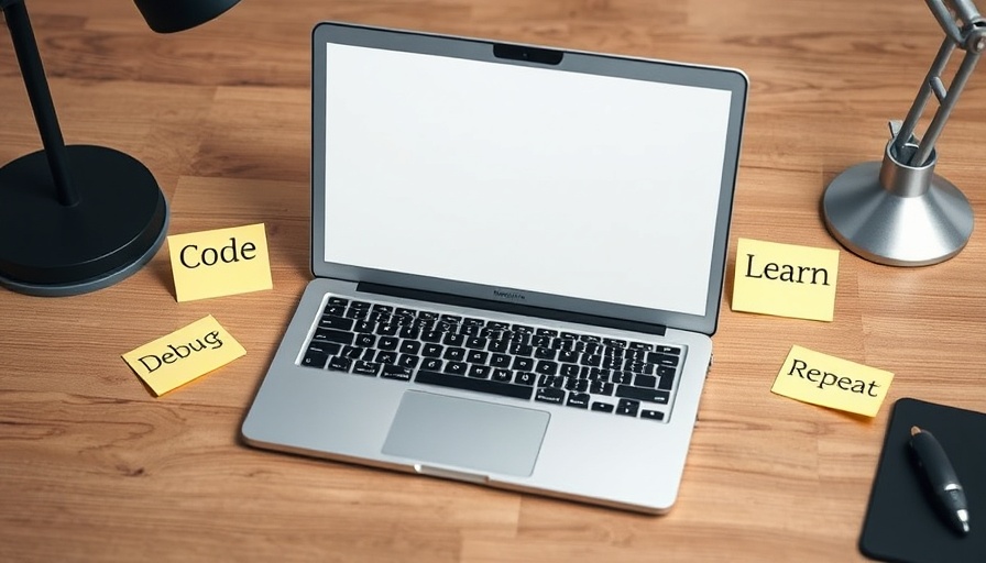 Modern laptop next to coding workflow notes on a desk.