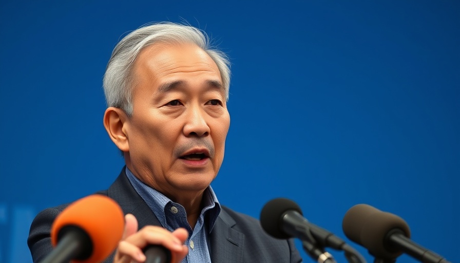 Older Asian male speaking at press conference on AI in the news.