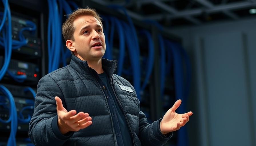 Confident speaker presenting in front of server racks on trending tickers.