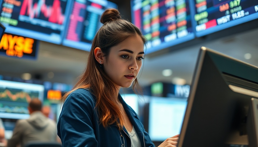 Young woman focused on trading floor with stock monitors, Tesla Nvidia Stock Market Movers.