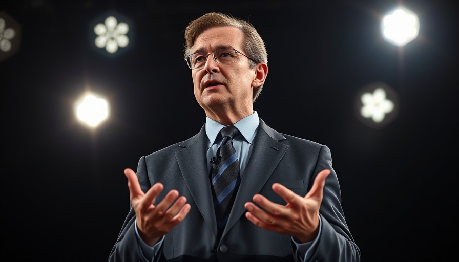 Prominent figure gesturing under stage lights, photorealistic presentation.