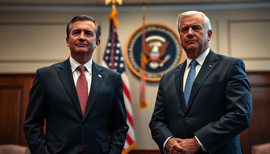 Men in suits at a formal event with American flag background.