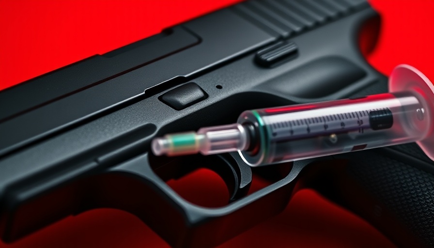 AI gun detection hospitals: handgun and syringe on red background.