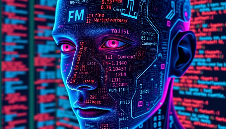 Futuristic AI face with digital circuit overlay on code, deep reasoning AI concept.