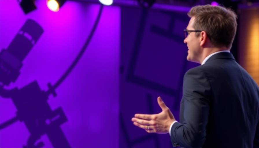 Man speaking on stage with purple-lit background.
