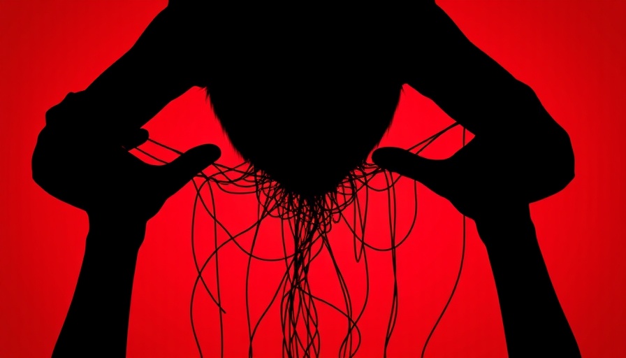 Abstract art of a silhouette with threads in red background